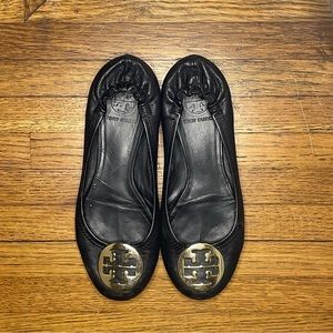 Tory Burch Black Leather Flats with Gold Emblem
